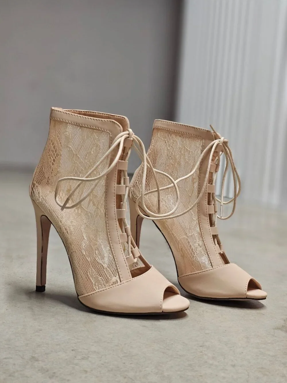 Peep Toe Lace-Up Stiletto Booties With Sheer Lace Panels Nude Beige High Heel An - Picture 12 of 12